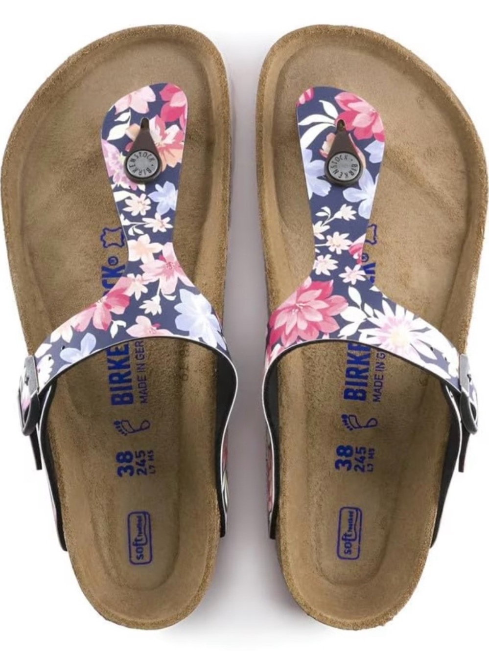 Birkenstock Women’s Floral Gizeh Sandals in Navy and Pink